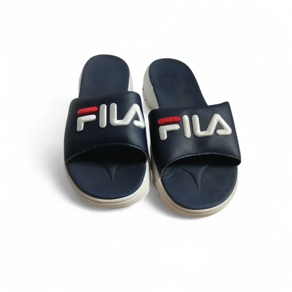 Fila Slide Sandals Navy Blue White Red Logo Comfort Casual Unisex size10